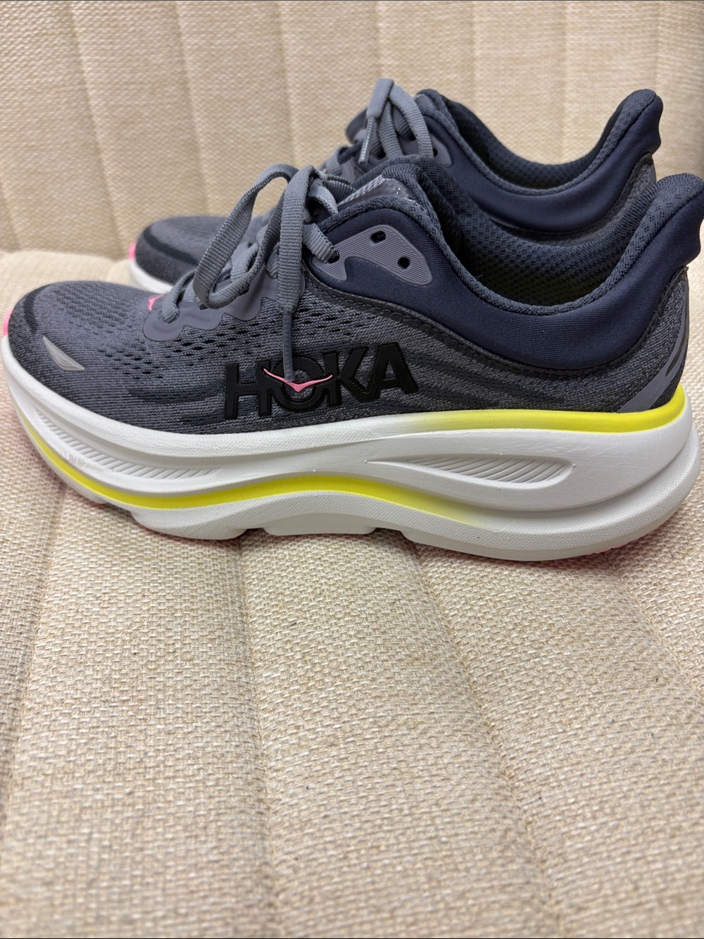 Hoka One One Women's Gray Athletic Shoes with Yellow and Pink Accents